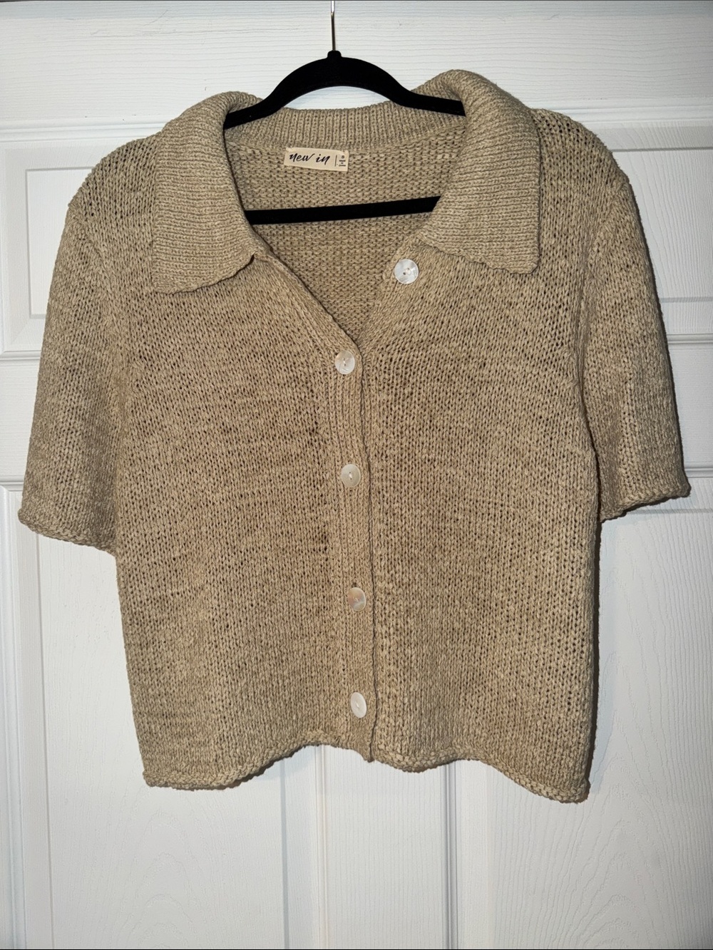 Short-Sleeve Knit Button-Up Sweater - Beige